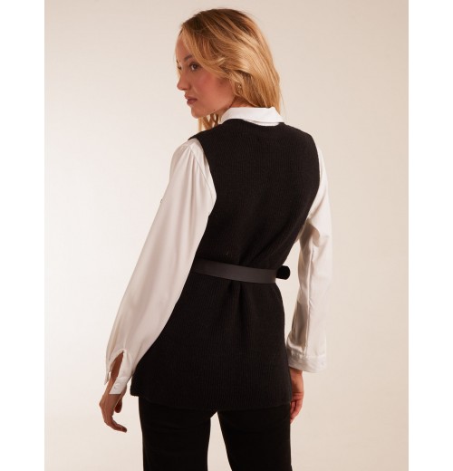 Rib Knit Vest With Blouse With Belt Rib Knit Vest With Blouse With Belt